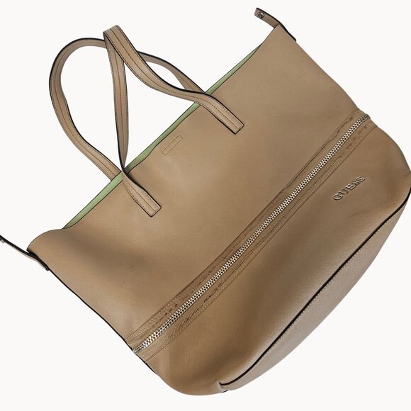 GUESS Beige Brown Green Lined Handbag Hobo Tote Bag Faux Leather Purse XL - Picture 1 of 16